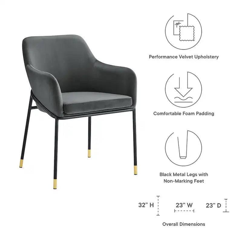 Performance Velvet Upholstered Dining Armchair with Gold-Tipped Black Metal Legs