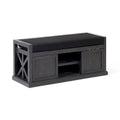 Acacia Wood Storage Bench with Cushion and Open Shelves X-Frame Dark Gray