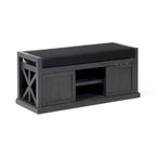 Acacia Wood Storage Bench with Cushion and Open Shelves X-Frame Dark Gray