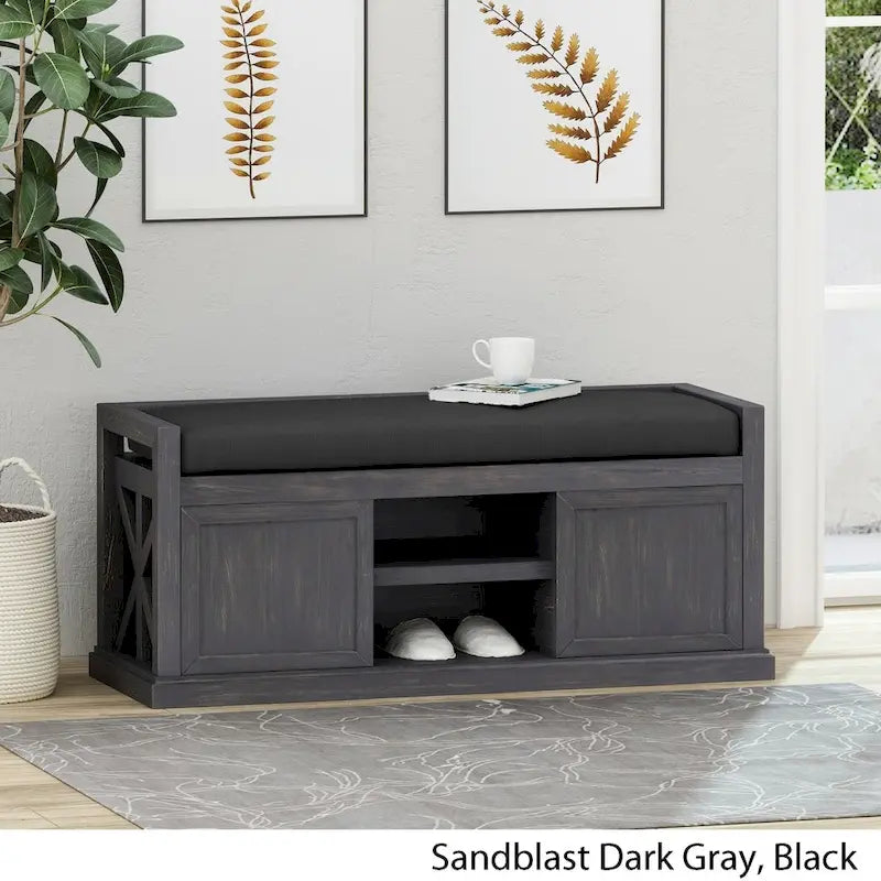 Acacia Wood Storage Bench with Cushion and Open Shelves X-Frame Dark Gray