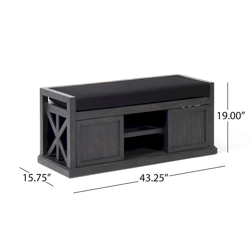 Acacia Wood Storage Bench with Cushion and Open Shelves X-Frame Dark Gray