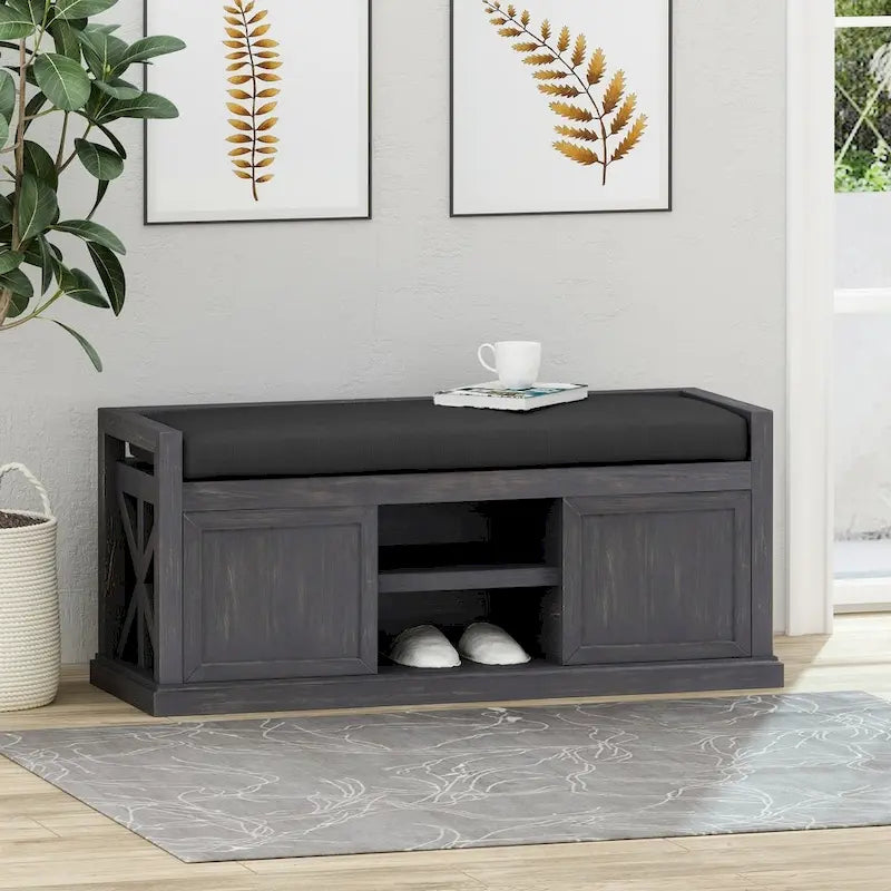 Acacia Wood Storage Bench with Cushion and Open Shelves X-Frame Dark Gray