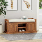 Acacia Wood Storage Bench with Cushion and Open Shelves X-Frame Dark Gray