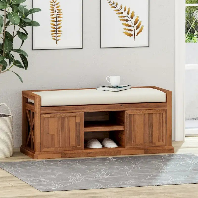 Acacia Wood Storage Bench with Cushion and Open Shelves X-Frame Dark Gray