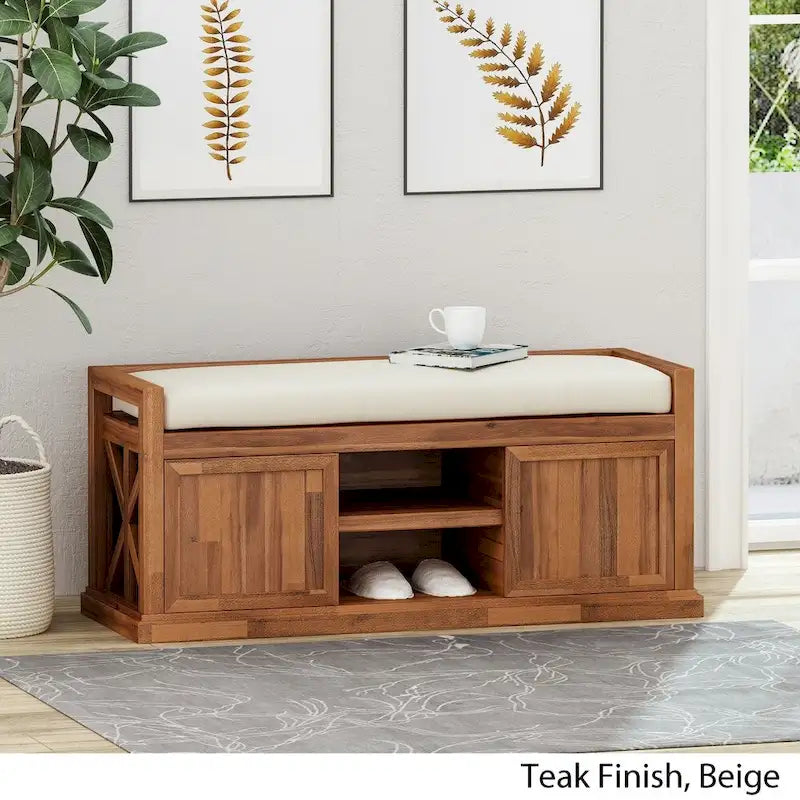 Acacia Wood Storage Bench with Cushion and Open Shelves X-Frame Dark Gray