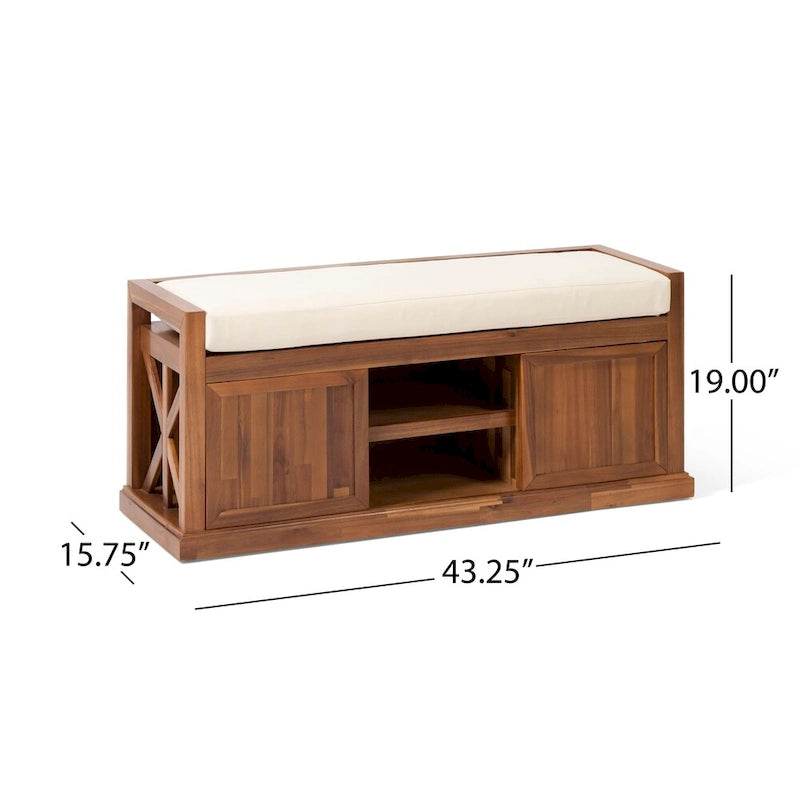 Acacia Wood Storage Bench with Cushion and Open Shelves X-Frame Dark Gray