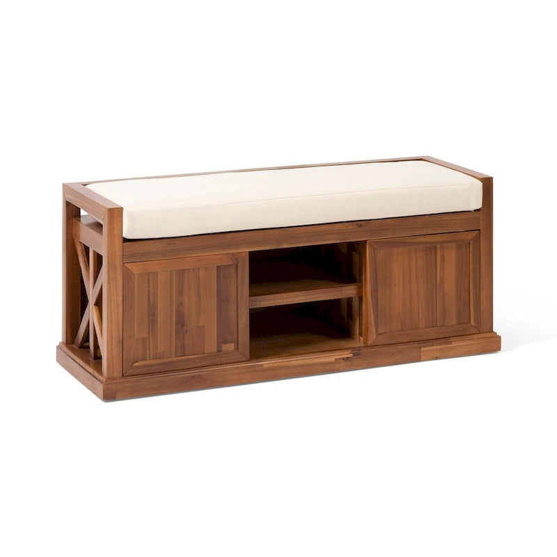 Acacia Wood Storage Bench with Cushion and Open Shelves X-Frame Dark Gray