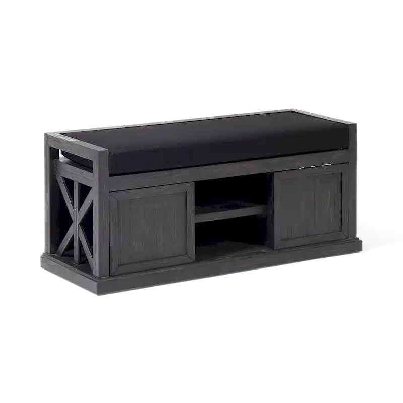 Acacia Wood Storage Bench with Cushion and Open Shelves X-Frame Dark Gray