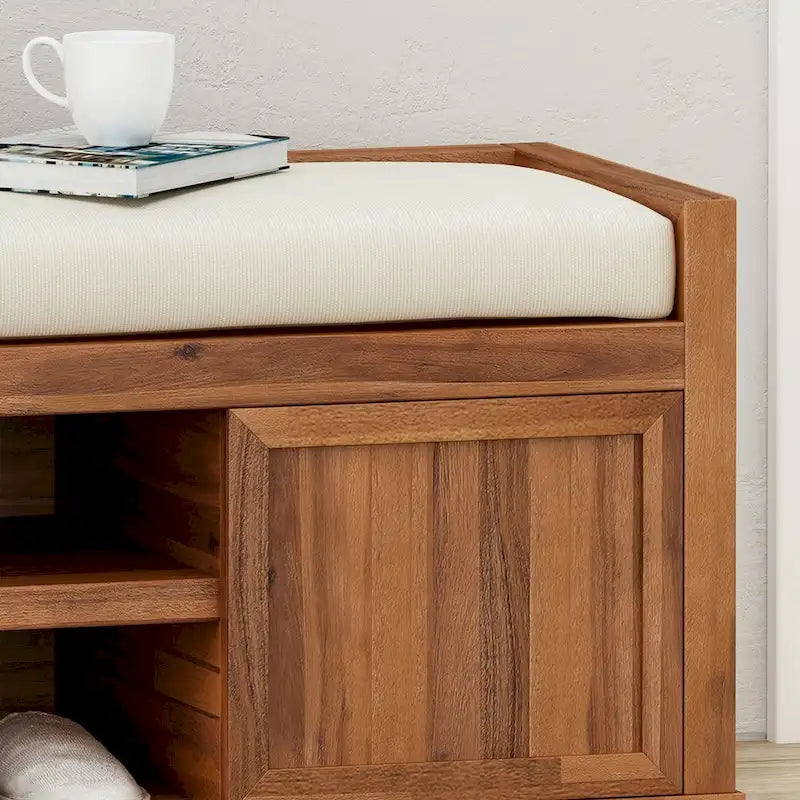 Acacia Wood Storage Bench with Cushion and Open Shelves X-Frame Dark Gray