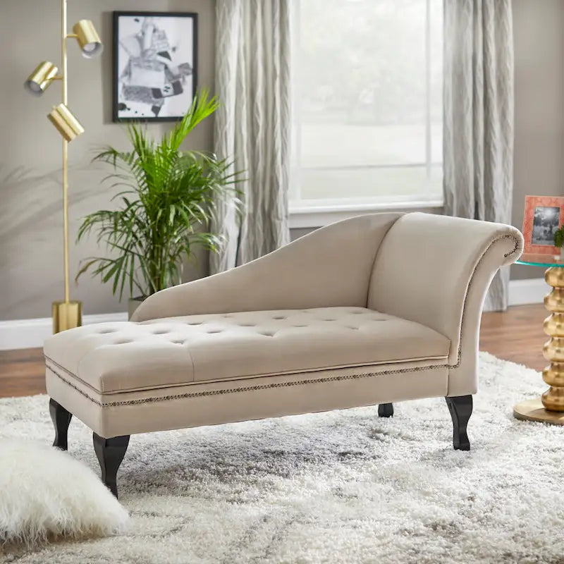 Velvet Button-Tufted Storage Chaise Lounge with Nailhead Trim