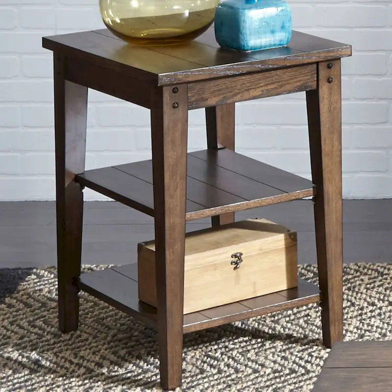 Rustic Brown Oak Three-Tier Wood Veneer Side End Table