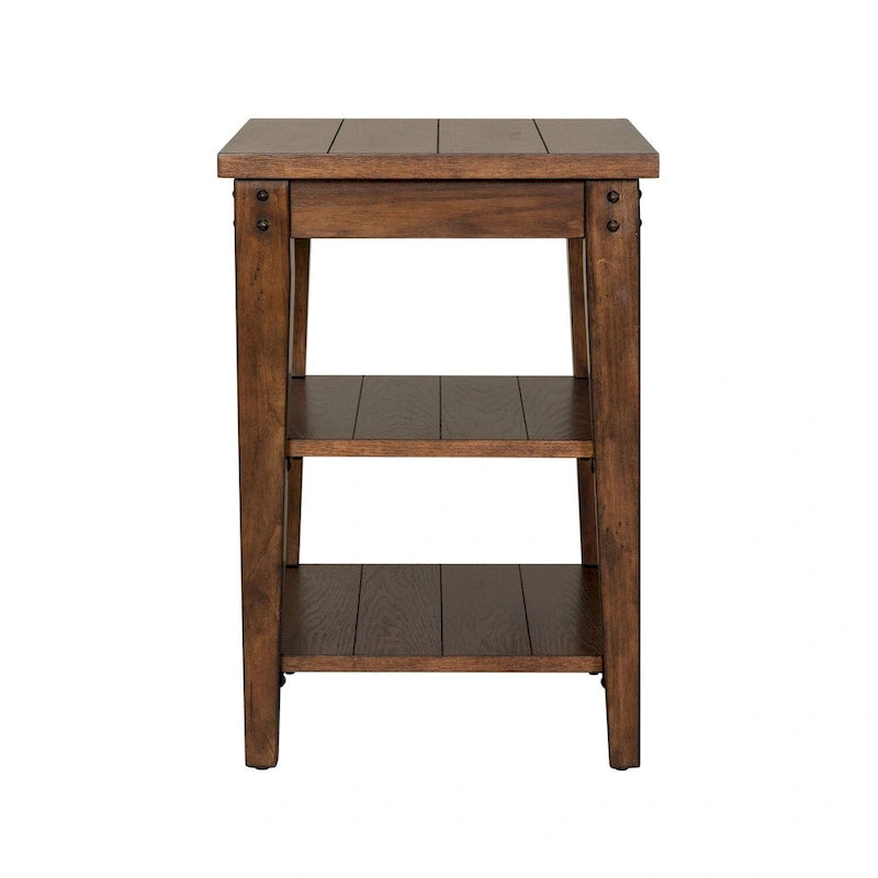Rustic Brown Oak Three-Tier Wood Veneer Side End Table