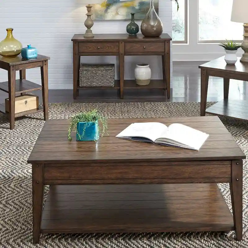 Rustic Brown Oak Three-Tier Wood Veneer Side End Table