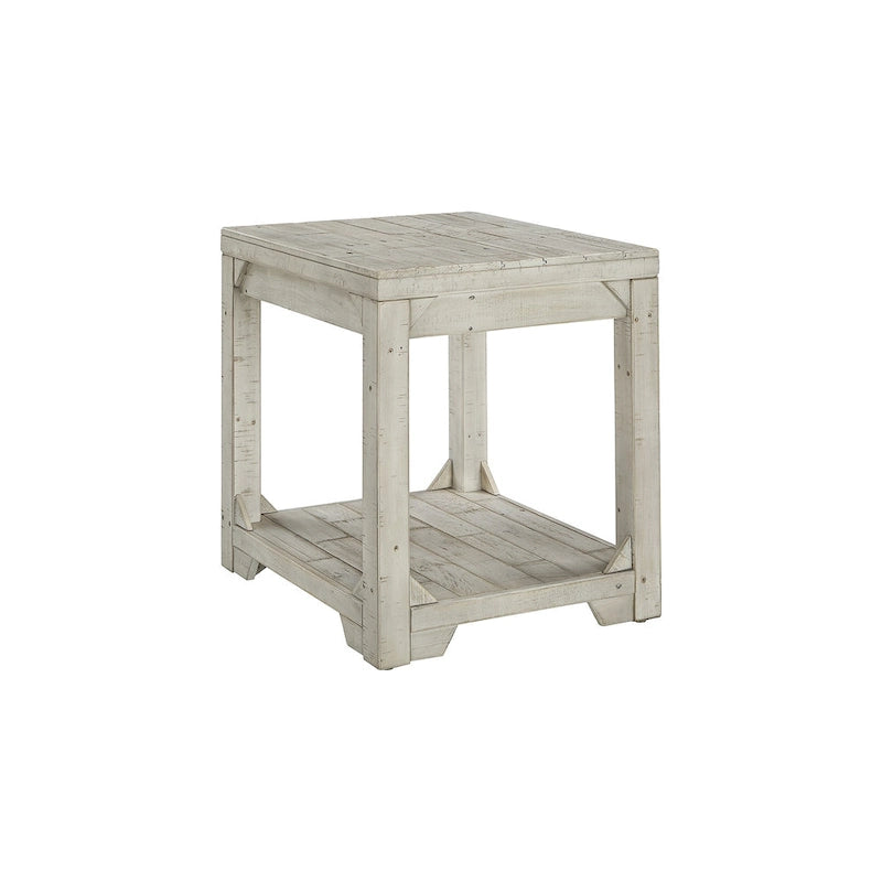 Whitewash Farmhouse Rectangular End Table with Lower Shelf White Wood