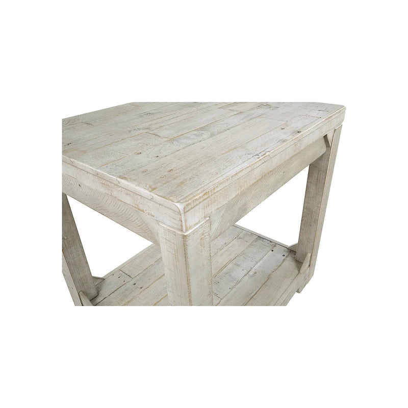 Whitewash Farmhouse Rectangular End Table with Lower Shelf White Wood