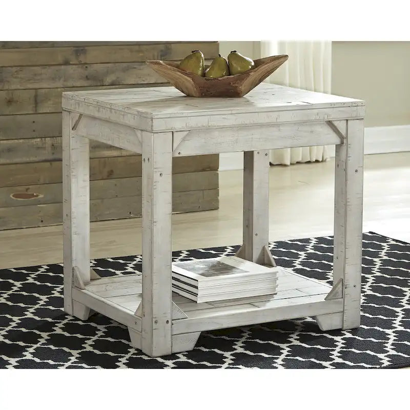 Whitewash Farmhouse Rectangular End Table with Lower Shelf White Wood