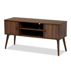 Mid-Century Modern Walnut Brown TV Stand with Two Doors Open Shelves