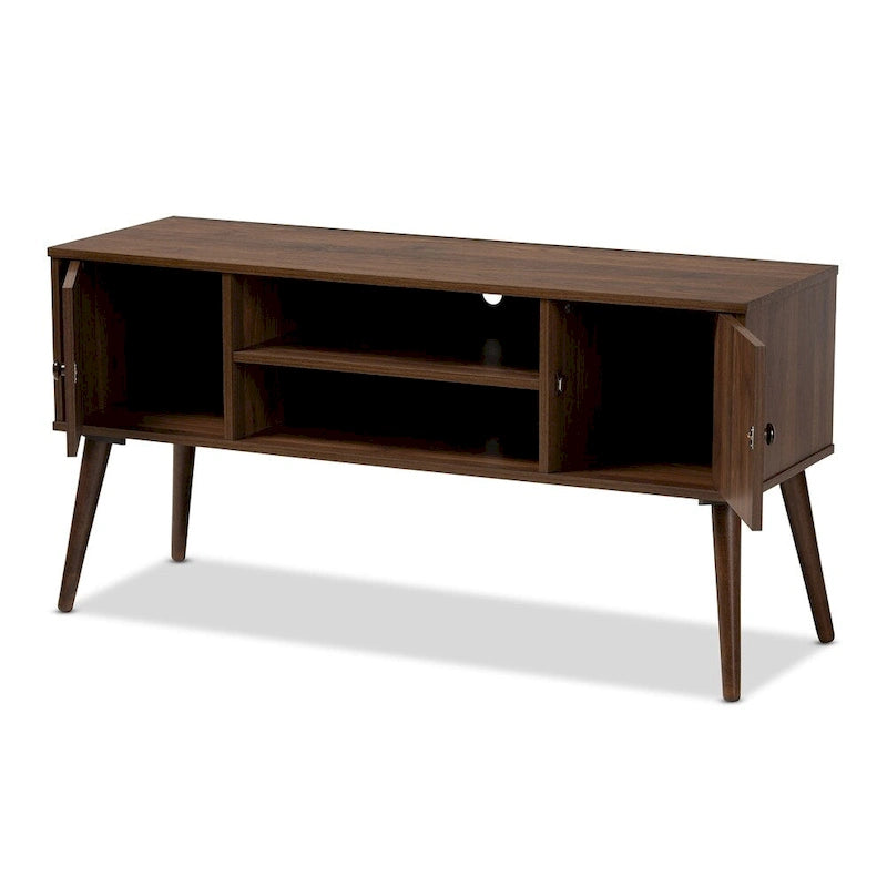 Mid-Century Modern Walnut Brown TV Stand with Two Doors Open Shelves