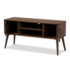 Mid-Century Modern Walnut Brown TV Stand with Two Doors Open Shelves