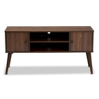 Mid-Century Modern Walnut Brown TV Stand with Two Doors Open Shelves