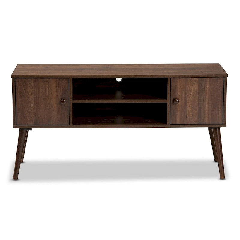 Mid-Century Modern Walnut Brown TV Stand with Two Doors Open Shelves