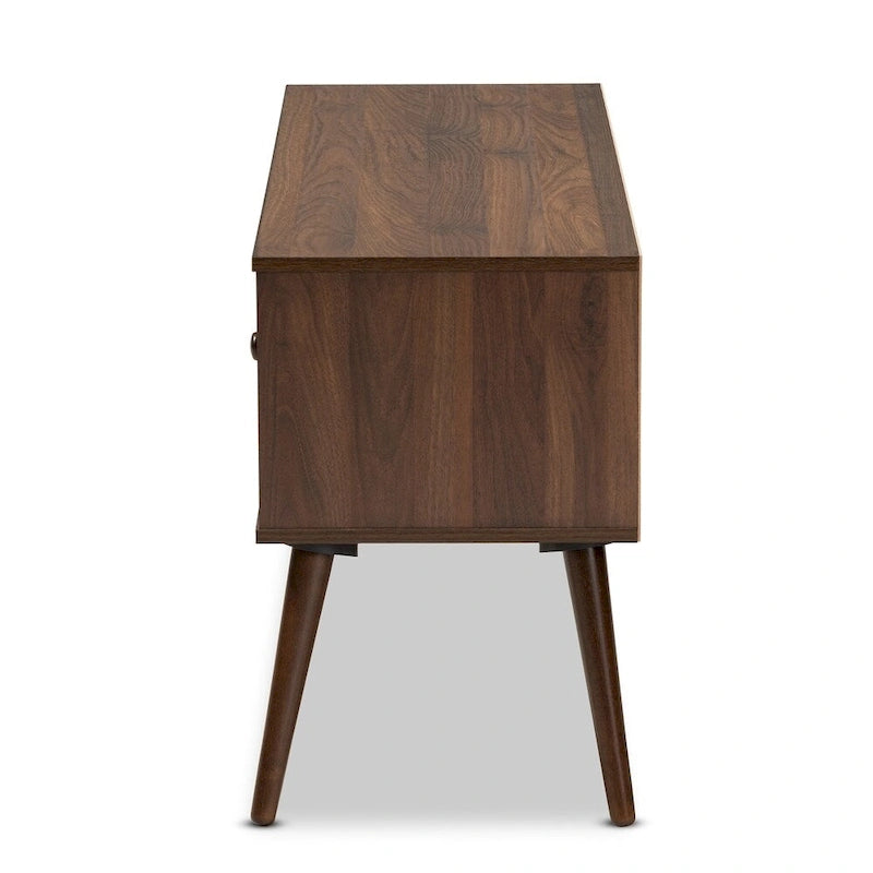 Mid-Century Modern Walnut Brown TV Stand with Two Doors Open Shelves