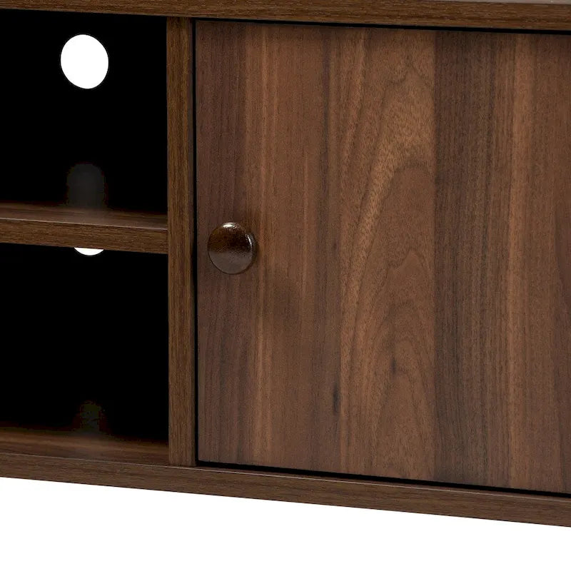Mid-Century Modern Walnut Brown TV Stand with Two Doors Open Shelves