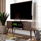 Mid-Century Modern Walnut Brown TV Stand with Two Doors Open Shelves
