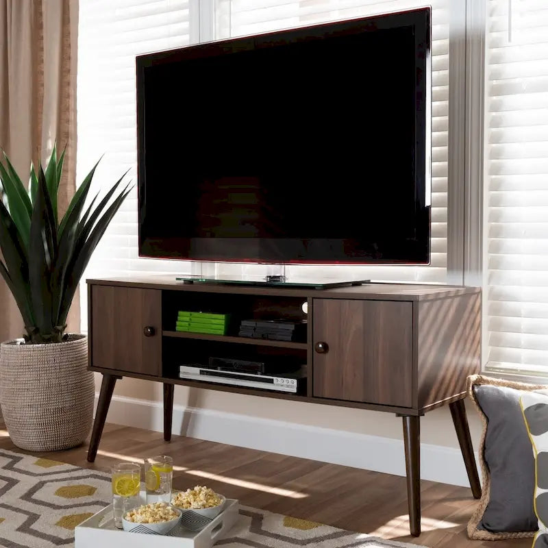 Mid-Century Modern Walnut Brown TV Stand with Two Doors Open Shelves
