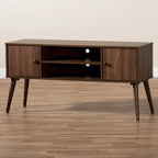 Mid-Century Modern Walnut Brown TV Stand with Two Doors Open Shelves
