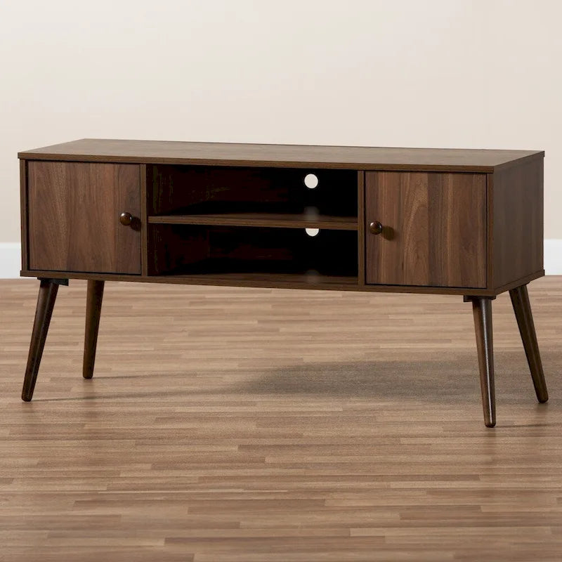 Mid-Century Modern Walnut Brown TV Stand with Two Doors Open Shelves