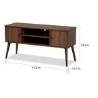 Mid-Century Modern Walnut Brown TV Stand with Two Doors Open Shelves