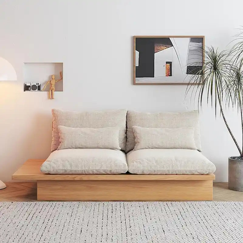 Beige Cotton Linen Sofa with Solid Wood Base Storage