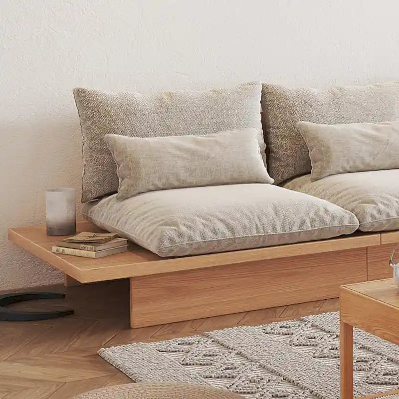 Beige Cotton Linen Sofa with Solid Wood Base Storage