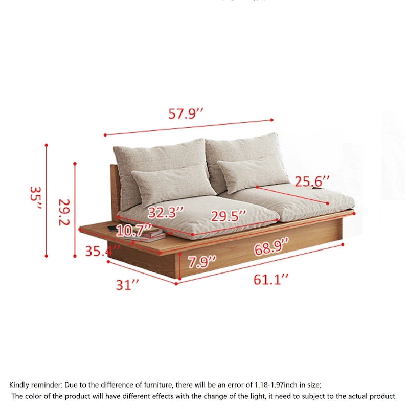 Beige Cotton Linen Sofa with Solid Wood Base Storage