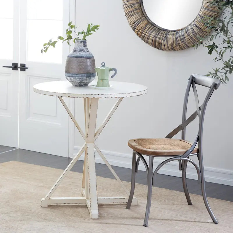 Round Solid Wood Farmhouse Accent End Table Brown White