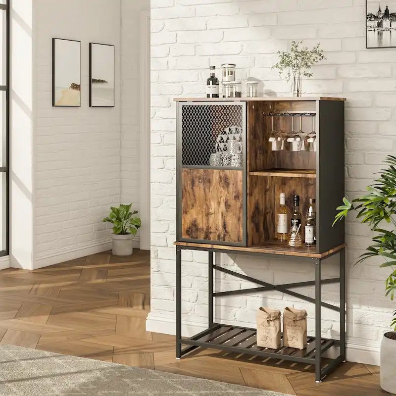 Industrial Rustic Brown Wine Bar Cabinet with Glass Holder and Storage Shelves