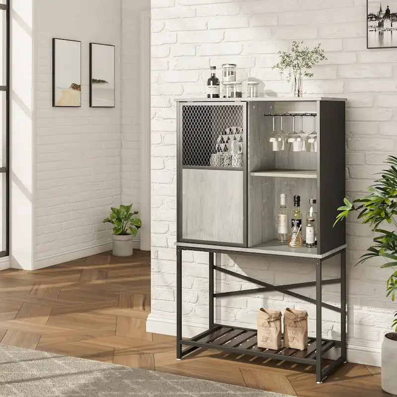 Mobile Bar Industriale Rustico Marrone con Portabottiglie e Ripiani Portaoggetti