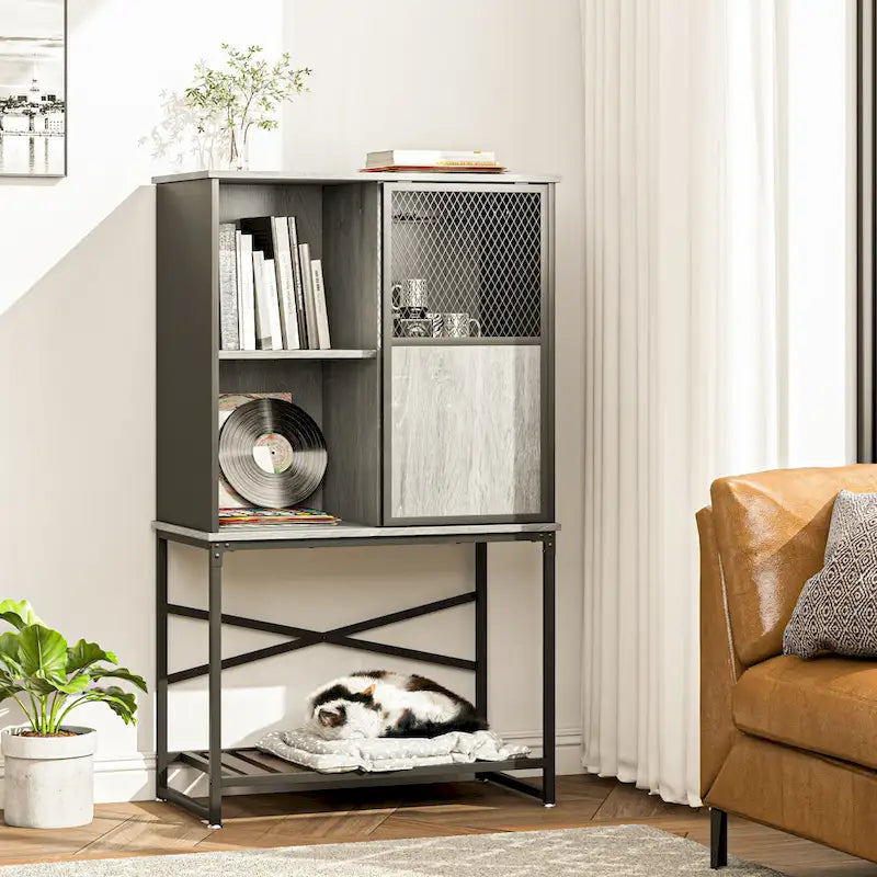 Industrial Rustic Brown Wine Bar Cabinet with Glass Holder and Storage Shelves