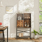 Industrial Rustic Brown Wine Bar Cabinet with Glass Holder and Storage Shelves