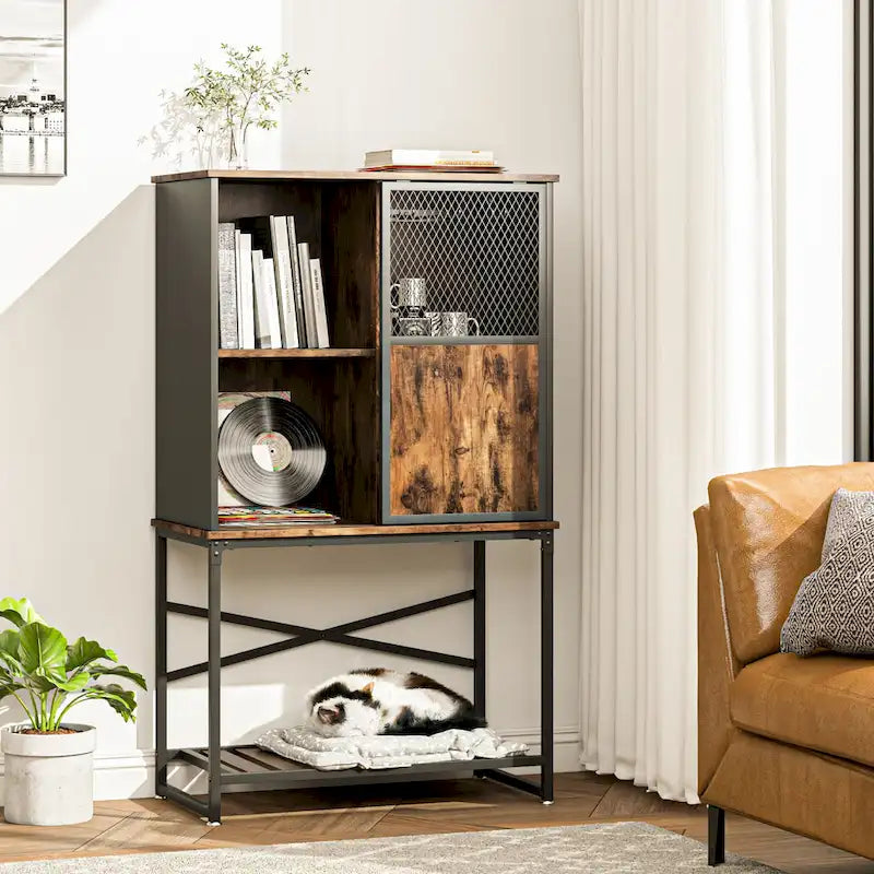 Industrial Rustic Brown Wine Bar Cabinet with Glass Holder and Storage Shelves