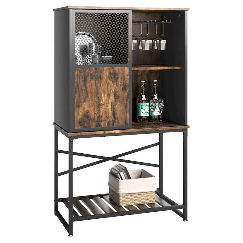 Industrial Rustic Brown Wine Bar Cabinet with Glass Holder and Storage Shelves
