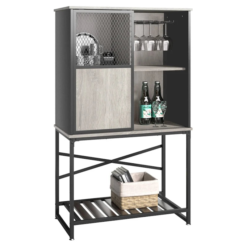 Industrial Rustic Brown Wine Bar Cabinet with Glass Holder and Storage Shelves
