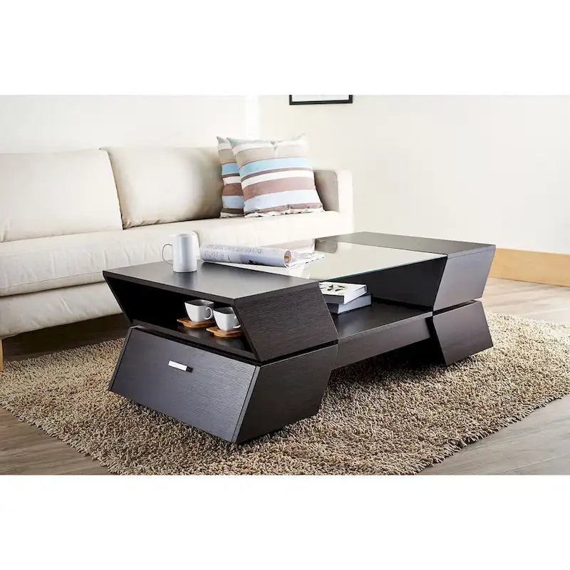Tavolino da Caffè in Legno con Piano in Vetro, Cassetti e Ripiani, Stile Contemporaneo, Colore Espresso e Bianco