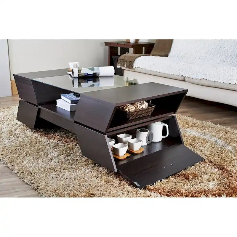 Tavolino da Caffè in Legno con Piano in Vetro, Cassetti e Ripiani, Stile Contemporaneo, Colore Espresso e Bianco