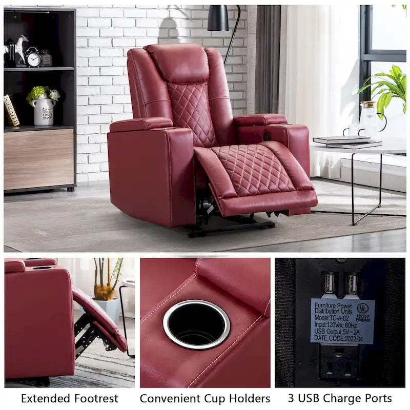 Leather Electric Power Recliner Chair with USB Ports and Cup Holders
