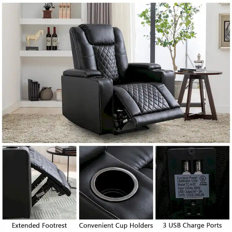 Leather Electric Power Recliner Chair with USB Ports and Cup Holders