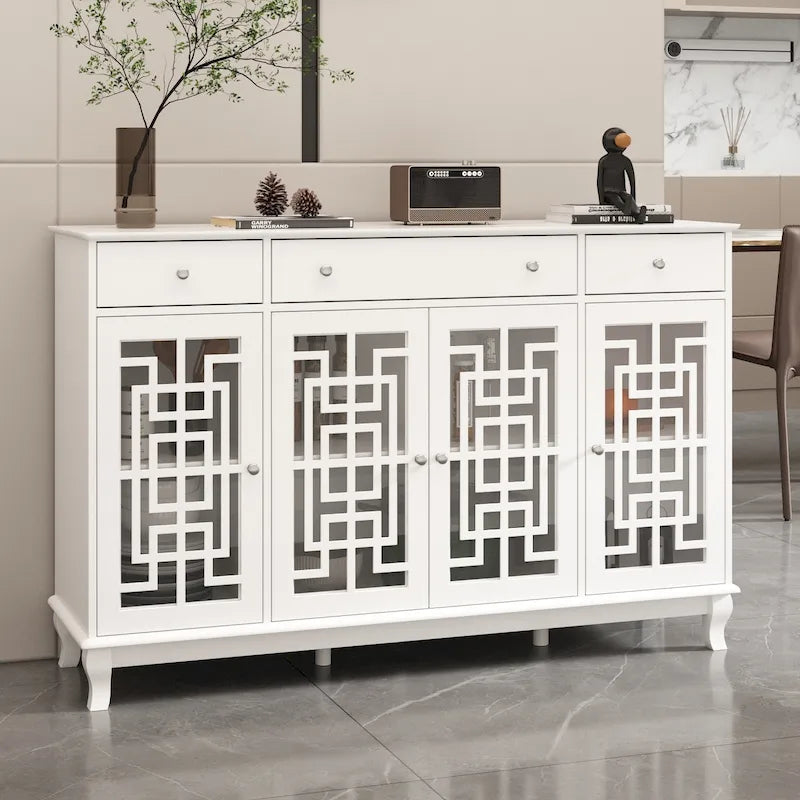 White Wood Sideboard Buffet Cabinet with Geometric Glass Doors and Drawers