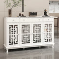 White Wood Sideboard Buffet Cabinet with Geometric Glass Doors and Drawers