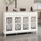 White Wood Sideboard Buffet Cabinet with Geometric Glass Doors and Drawers